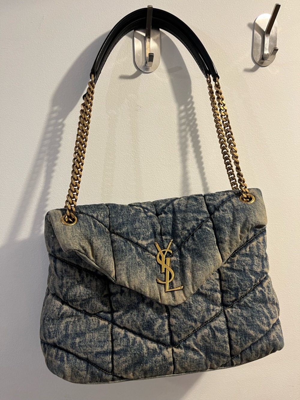 Saint Laurent Quilted Denim Shoulder Bag with Gold Chain